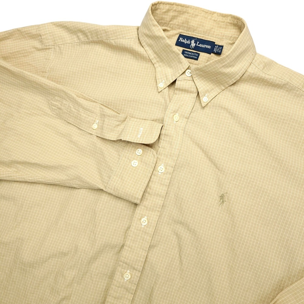 Ralph Lauren Dress Shirt Mens 17.5 32/33 Beige Check Classic Fit Long Sleeve